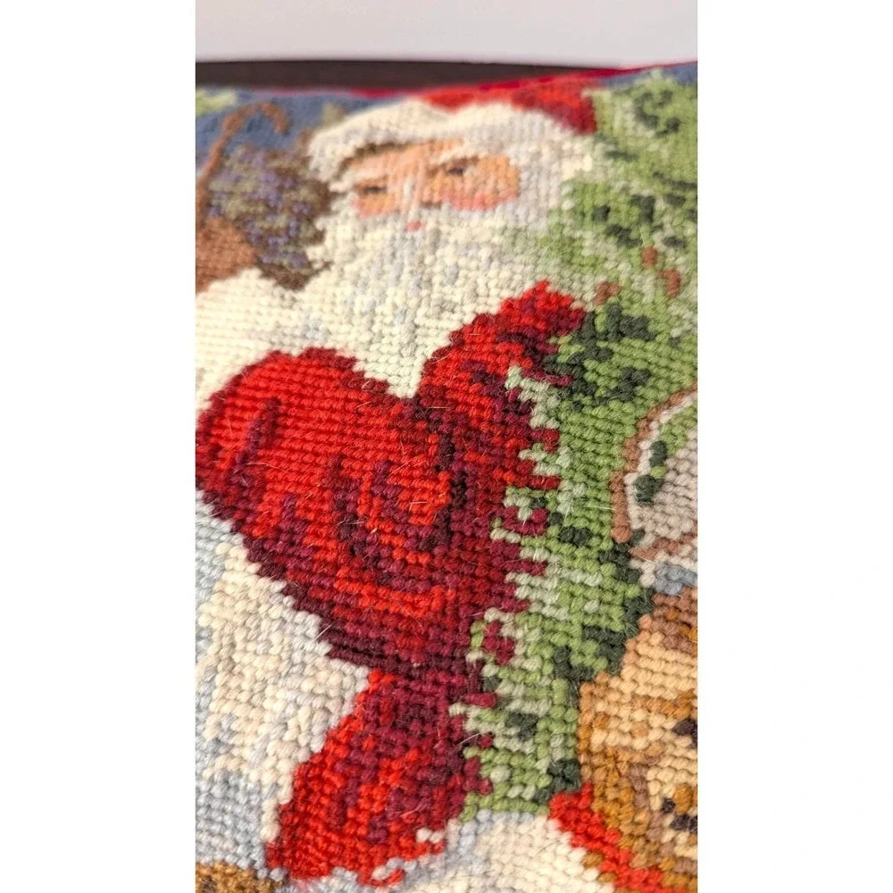 Vintage Wool Needlepoint Santa Christmas Pillow 10x10 Velvet Back Holiday Decor